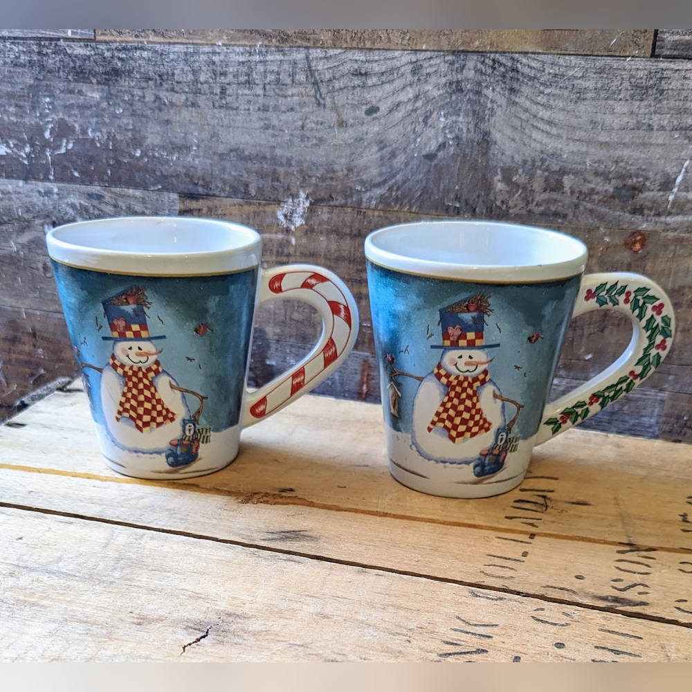 2 Stoneware Snowman Mugs With Decorative Handles